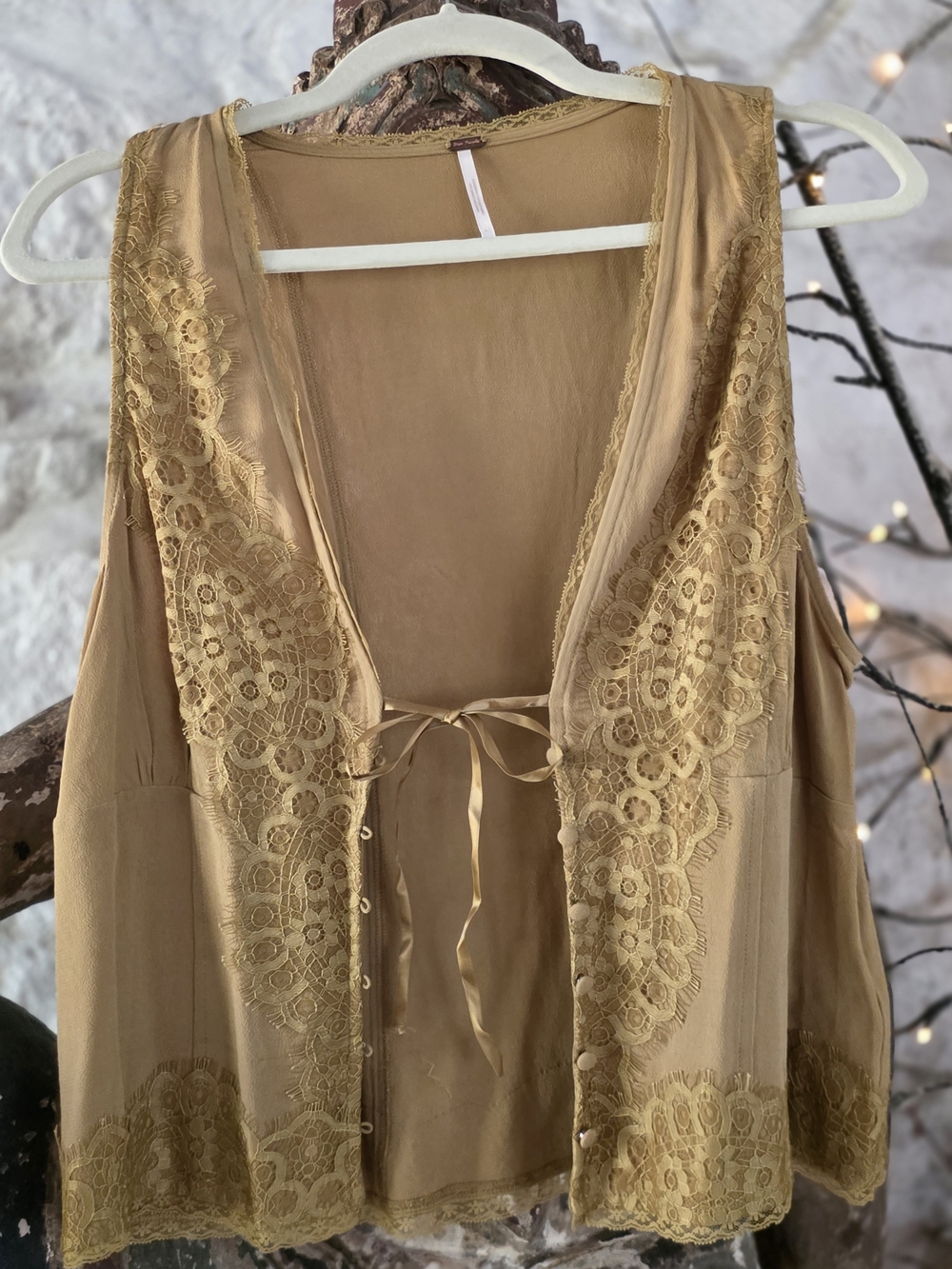 Free People Lace-Trim Tie-Front Vest in Tan